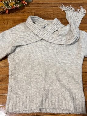 Zara Cream Ribbed Cowl Neck Sweater with Fringe